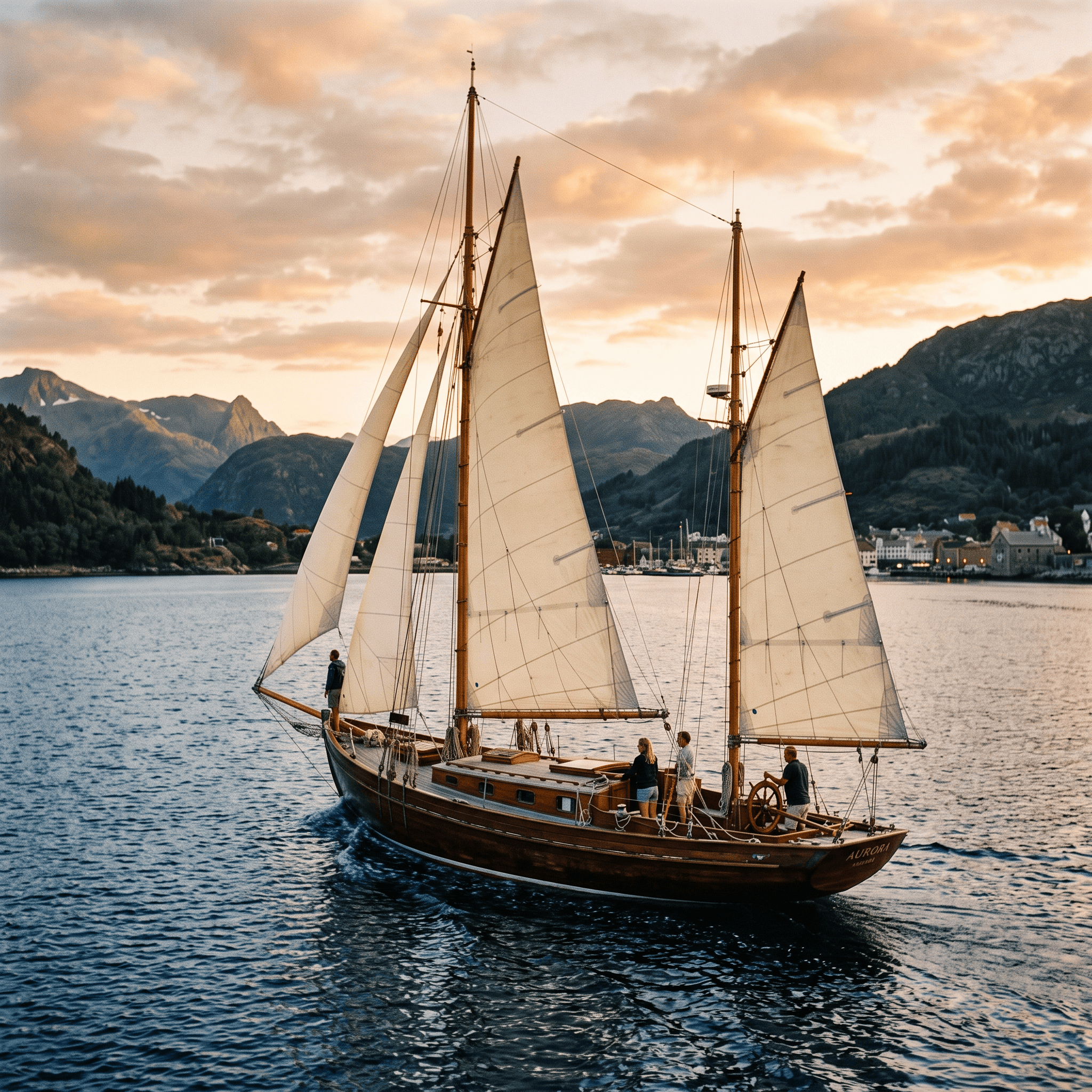 Illustrative Bucht mit Segelyacht – austauschbarer Bildplatz